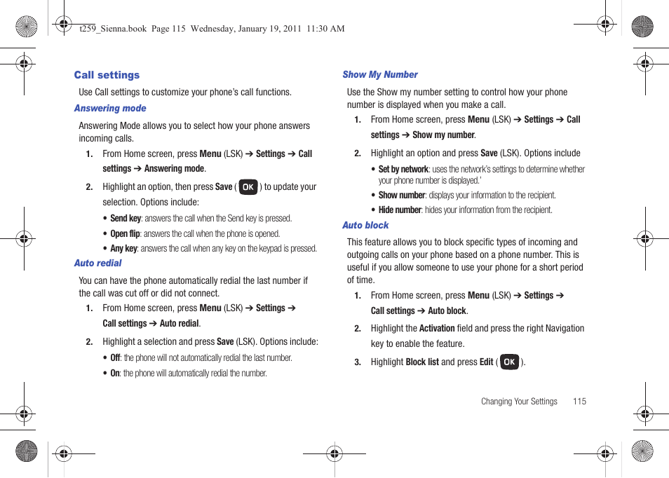 Call settings | Samsung SGH-T259HBBTMB User Manual | Page 119 / 155