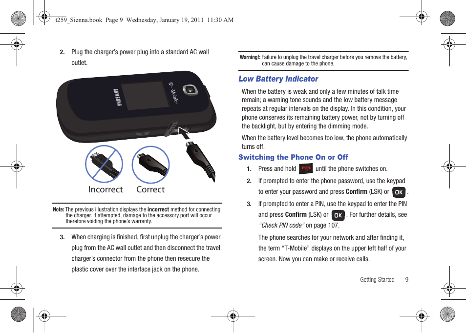 Switching the phone on or off, Incorrect correct | Samsung SGH-T259HBBTMB User Manual | Page 13 / 155