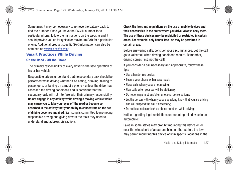 Smart practices while driving | Samsung SGH-T259HBBTMB User Manual | Page 131 / 155