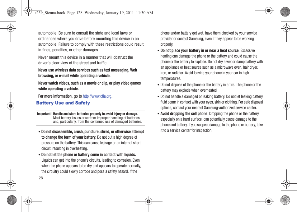 Battery use and safety | Samsung SGH-T259HBBTMB User Manual | Page 132 / 155