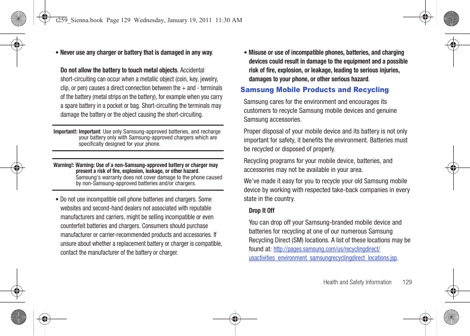 Samsung mobile products and recycling | Samsung SGH-T259HBBTMB User Manual | Page 133 / 155