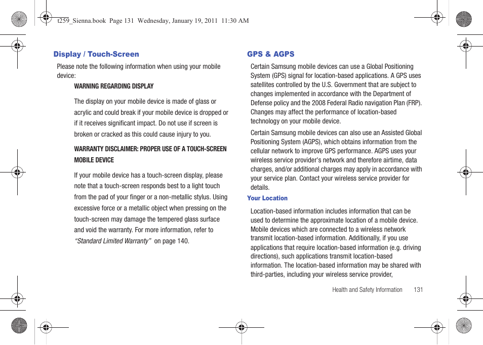 Display / touch-screen, Gps & agps, Display / touch-screen gps & agps | Samsung SGH-T259HBBTMB User Manual | Page 135 / 155