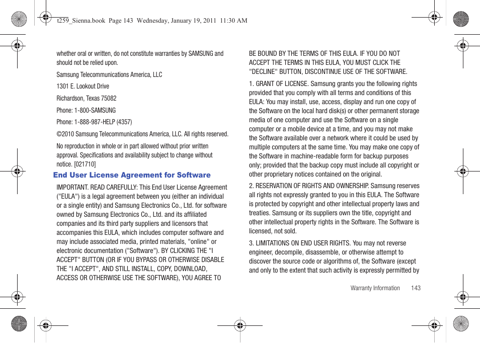 End user license agreement for software | Samsung SGH-T259HBBTMB User Manual | Page 147 / 155