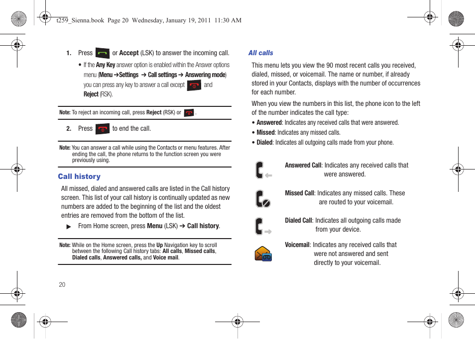 Call history | Samsung SGH-T259HBBTMB User Manual | Page 24 / 155