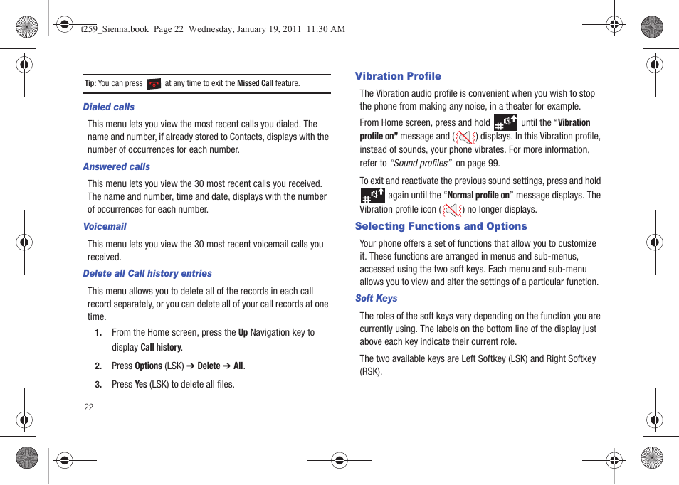 Vibration profile, Selecting functions and options, Vibration profile selecting functions and options | Samsung SGH-T259HBBTMB User Manual | Page 26 / 155