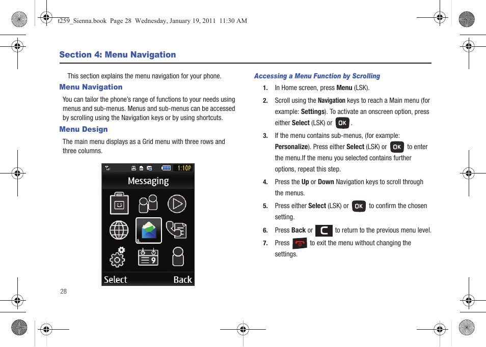 Section 4: menu navigation, Menu navigation, Menu design | Menu navigation menu design | Samsung SGH-T259HBBTMB User Manual | Page 32 / 155