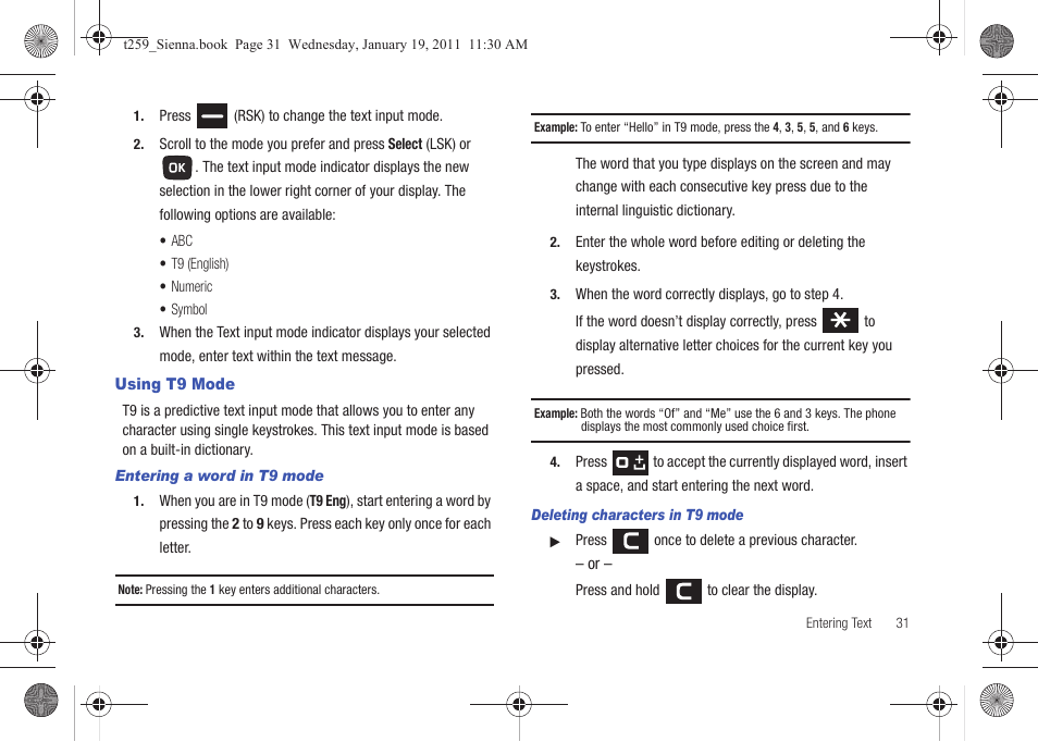 Using t9 mode | Samsung SGH-T259HBBTMB User Manual | Page 35 / 155