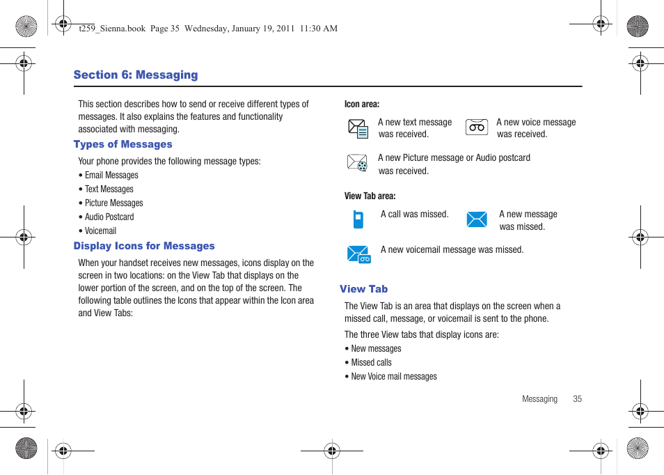 Section 6: messaging, Types of messages, Display icons for messages | View tab | Samsung SGH-T259HBBTMB User Manual | Page 39 / 155