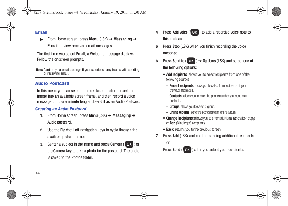 Email, Audio postcard, Email audio postcard | Samsung SGH-T259HBBTMB User Manual | Page 48 / 155