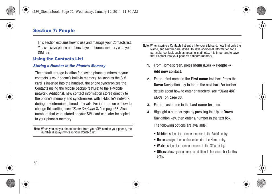 Section 7: people, Using the contacts list | Samsung SGH-T259HBBTMB User Manual | Page 56 / 155