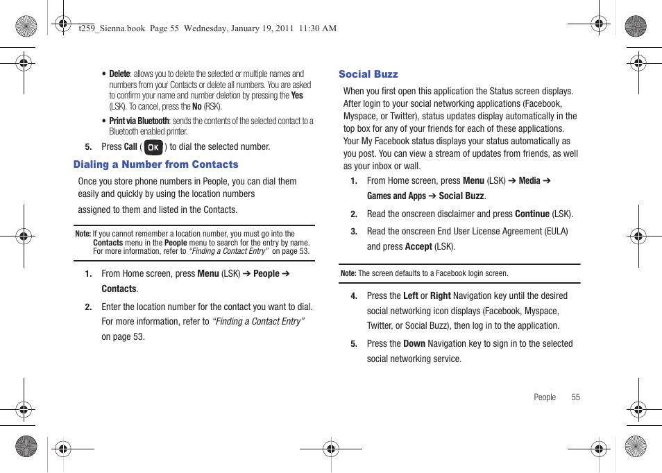 Dialing a number from contacts, Social buzz, Dialing a number from contacts social buzz | Samsung SGH-T259HBBTMB User Manual | Page 59 / 155