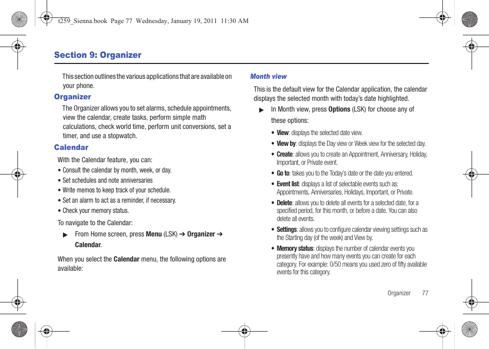 Section 9: organizer, Organizer, Calendar | Organizer calendar | Samsung SGH-T259HBBTMB User Manual | Page 81 / 155