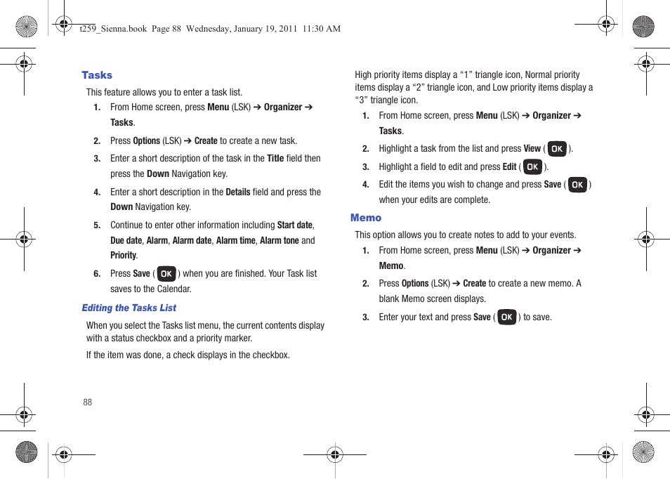 Tasks, Memo, Tasks memo | Samsung SGH-T259HBBTMB User Manual | Page 92 / 155