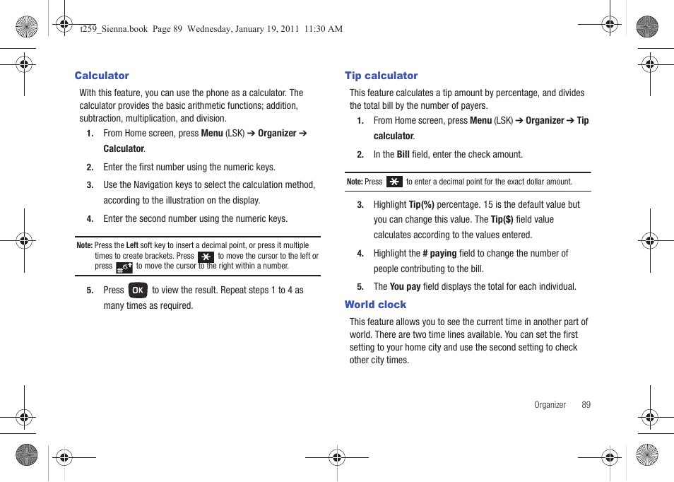 Calculator, Tip calculator, World clock | Calculator tip calculator world clock | Samsung SGH-T259HBBTMB User Manual | Page 93 / 155