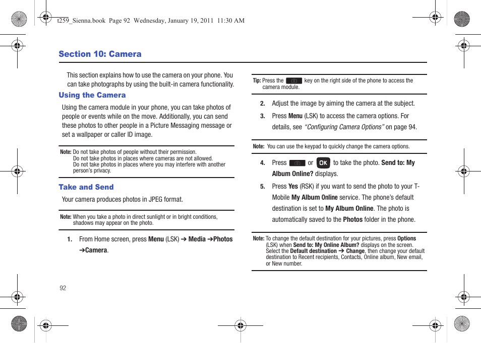 Section 10: camera, Using the camera, Take and send | Using the camera take and send | Samsung SGH-T259HBBTMB User Manual | Page 96 / 155