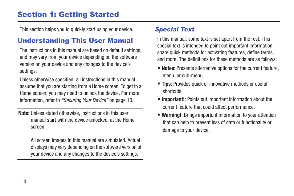 Section 1: getting started, Understanding this user manual, Special text | Samsung SM-T537RYKAUSC User Manual | Page 10 / 126