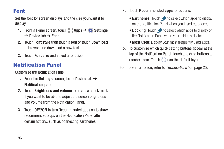 Font, Notification panel, Font notification panel | Samsung SM-T537RYKAUSC User Manual | Page 102 / 126