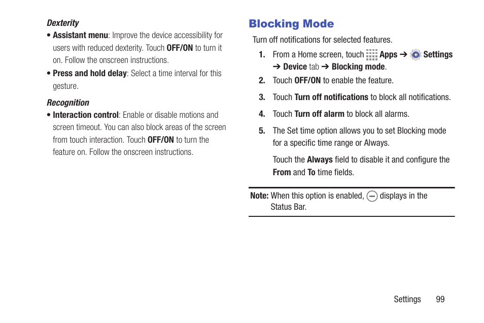 Blocking mode | Samsung SM-T537RYKAUSC User Manual | Page 105 / 126