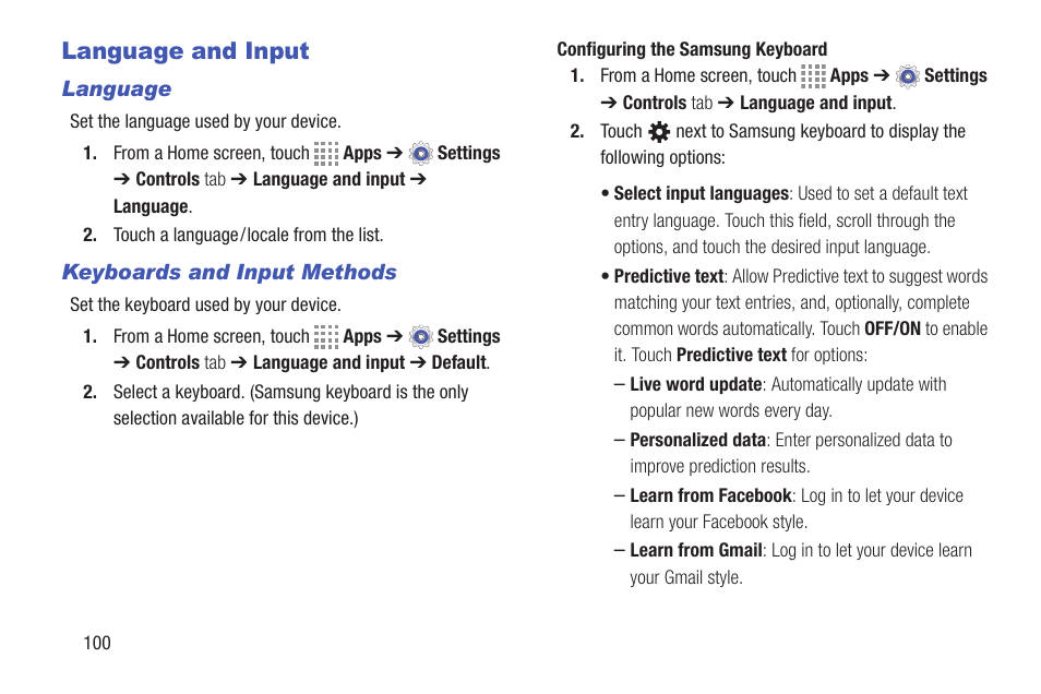 Language and input, Language, Keyboards and input methods | Samsung SM-T537RYKAUSC User Manual | Page 106 / 126