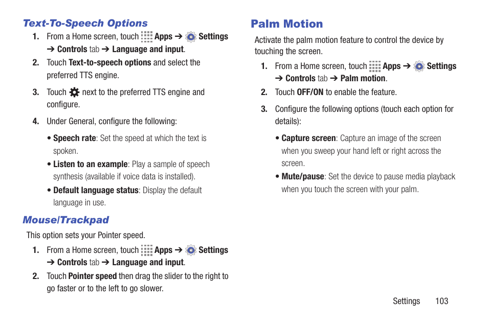 Text-to-speech options, Mouse/trackpad, Palm motion | Samsung SM-T537RYKAUSC User Manual | Page 109 / 126