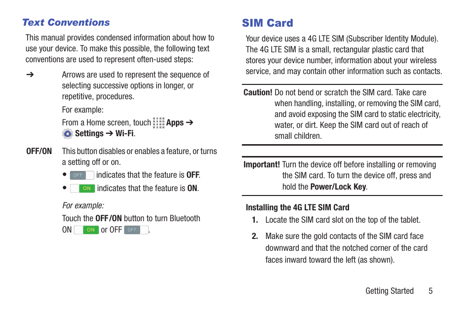 Text conventions, Sim card | Samsung SM-T537RYKAUSC User Manual | Page 11 / 126