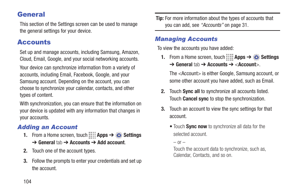 General, Accounts, Adding an account | Managing accounts, General accounts | Samsung SM-T537RYKAUSC User Manual | Page 110 / 126
