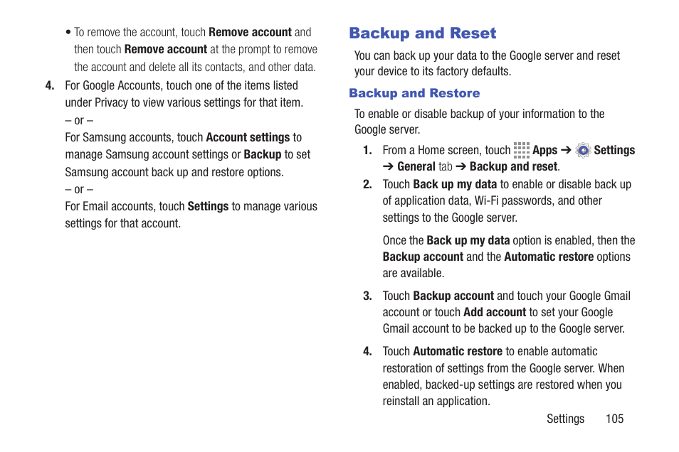 Backup and reset | Samsung SM-T537RYKAUSC User Manual | Page 111 / 126