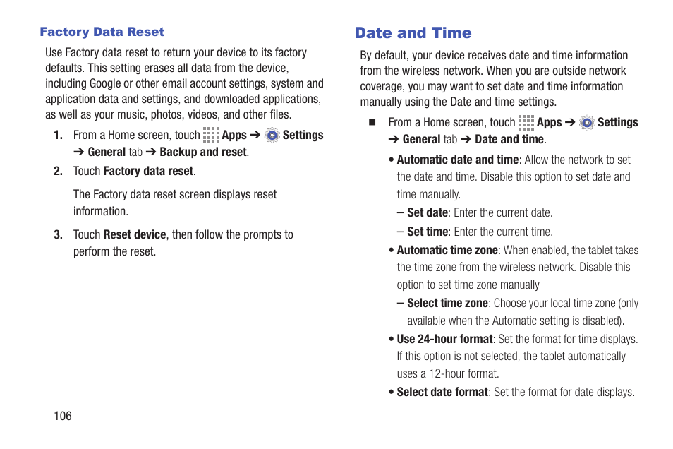 Date and time | Samsung SM-T537RYKAUSC User Manual | Page 112 / 126