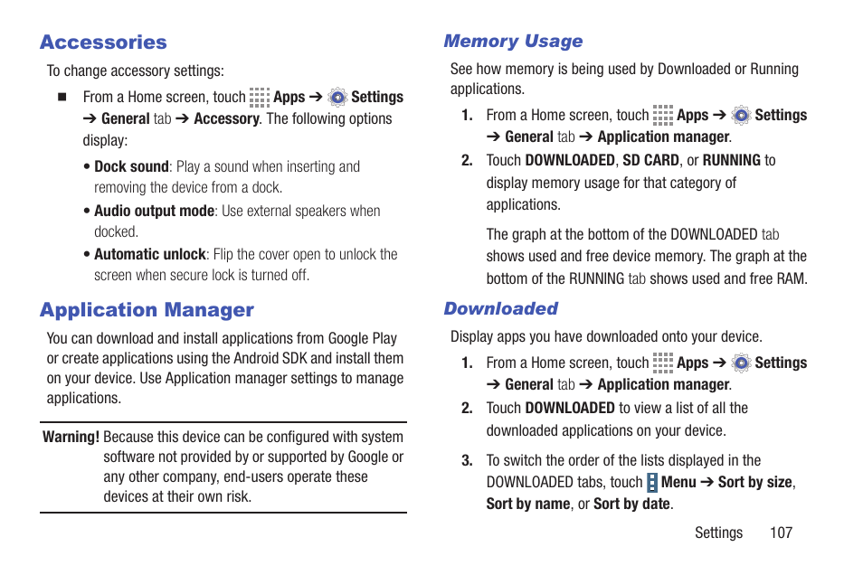 Accessories, Application manager, Memory usage | Downloaded, Accessories application manager | Samsung SM-T537RYKAUSC User Manual | Page 113 / 126