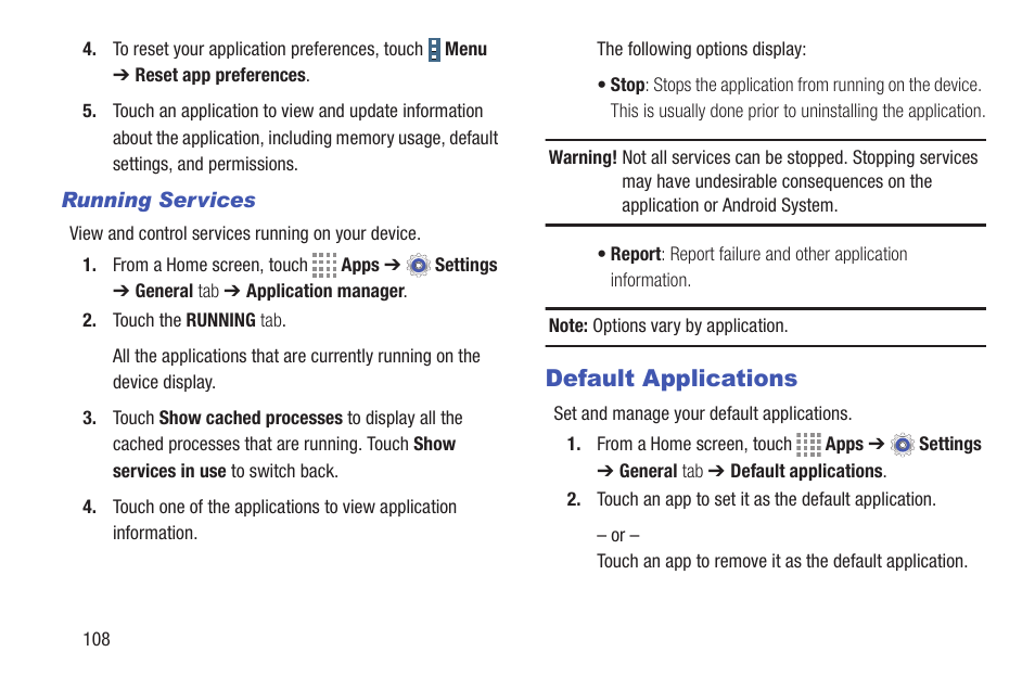 Running services, Default applications | Samsung SM-T537RYKAUSC User Manual | Page 114 / 126