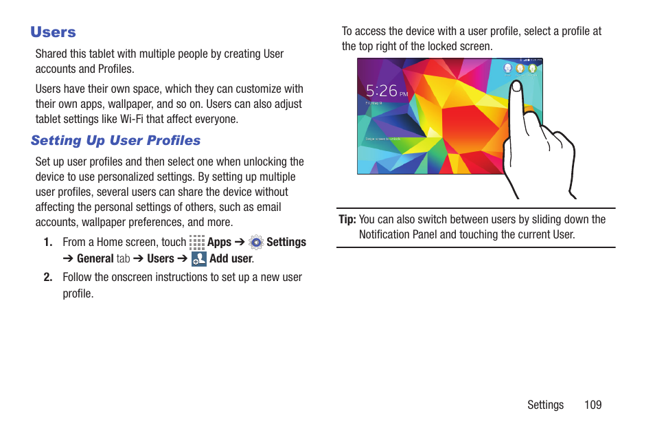 Users, Setting up user profiles | Samsung SM-T537RYKAUSC User Manual | Page 115 / 126