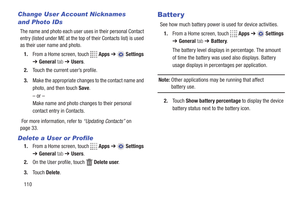 Change user account nicknames and photo ids, Delete a user or profile, Battery | Samsung SM-T537RYKAUSC User Manual | Page 116 / 126