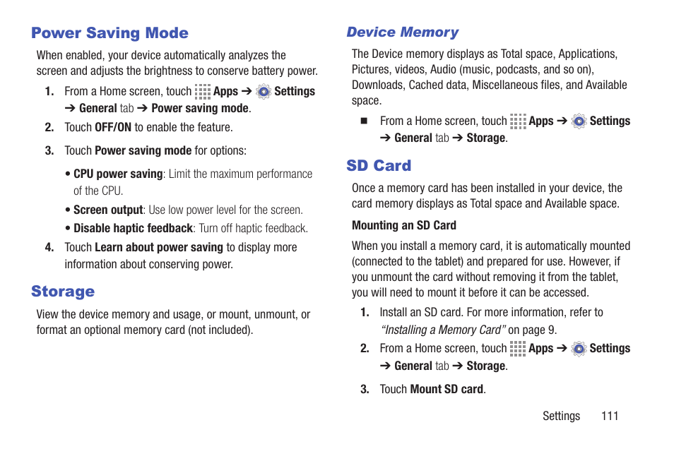Power saving mode, Storage, Device memory | Sd card, Power saving mode storage sd card | Samsung SM-T537RYKAUSC User Manual | Page 117 / 126