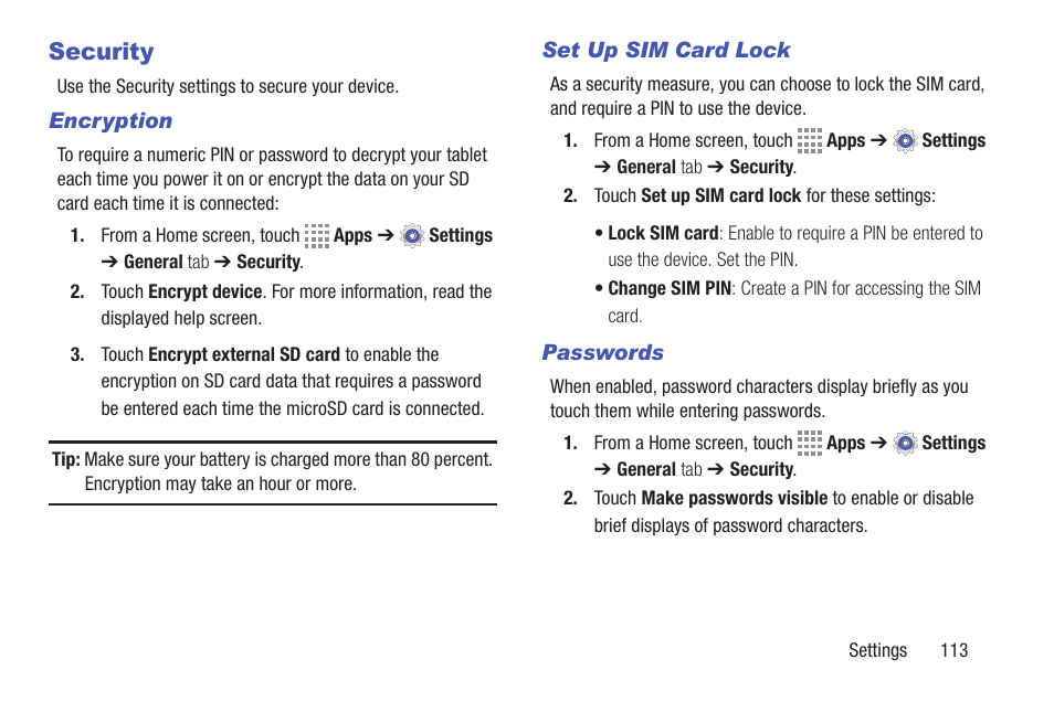 Security, Encryption, Set up sim card lock | Passwords | Samsung SM-T537RYKAUSC User Manual | Page 119 / 126