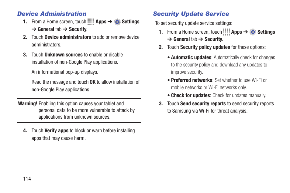 Device administration, Security update service | Samsung SM-T537RYKAUSC User Manual | Page 120 / 126