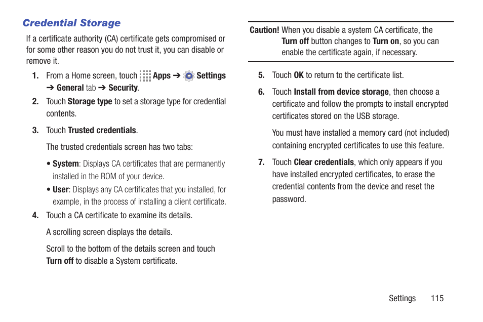 Credential storage | Samsung SM-T537RYKAUSC User Manual | Page 121 / 126