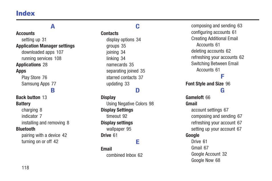 Index | Samsung SM-T537RYKAUSC User Manual | Page 124 / 126