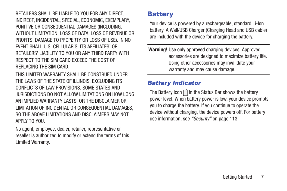 Battery, Battery indicator | Samsung SM-T537RYKAUSC User Manual | Page 13 / 126