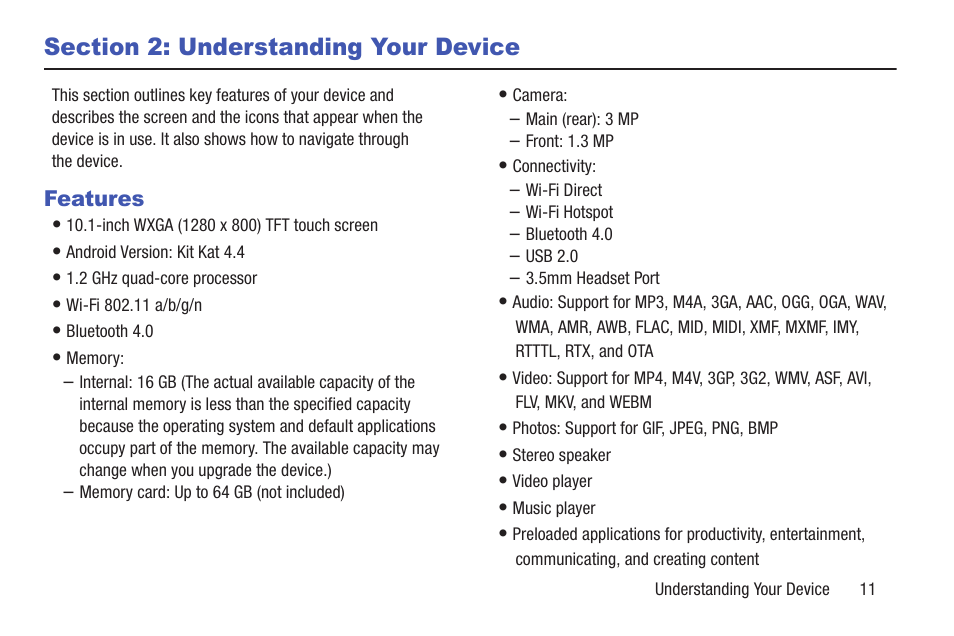 Section 2: understanding your device, Features | Samsung SM-T537RYKAUSC User Manual | Page 17 / 126