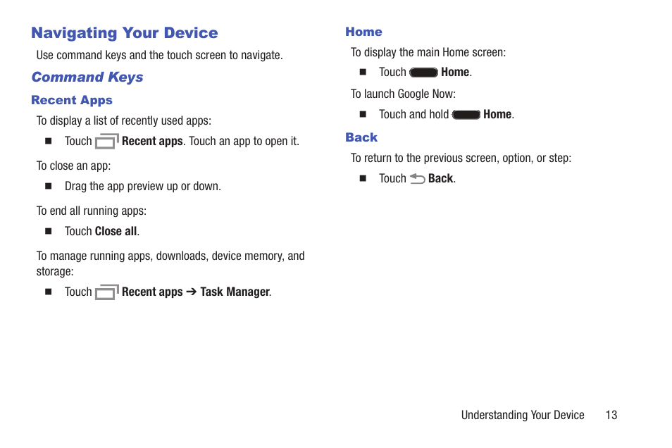 Navigating your device, Command keys | Samsung SM-T537RYKAUSC User Manual | Page 19 / 126