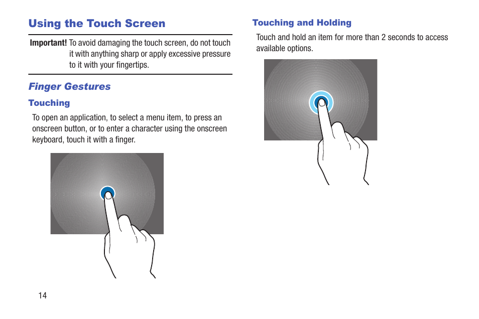 Using the touch screen, Finger gestures | Samsung SM-T537RYKAUSC User Manual | Page 20 / 126