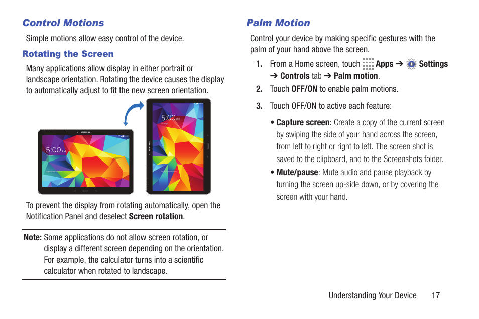 Control motions, Palm motion | Samsung SM-T537RYKAUSC User Manual | Page 23 / 126