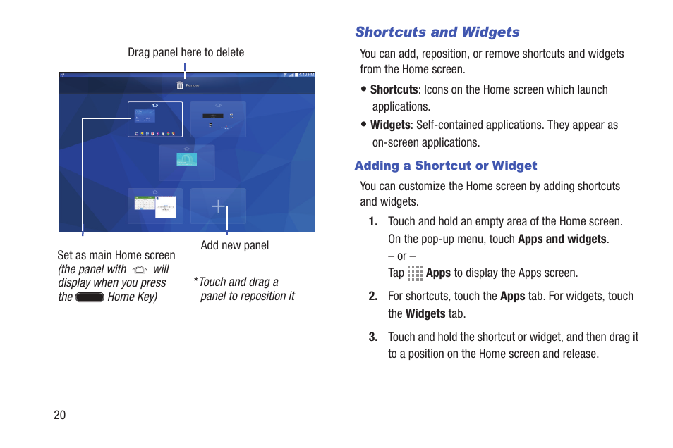 Shortcuts and widgets | Samsung SM-T537RYKAUSC User Manual | Page 26 / 126