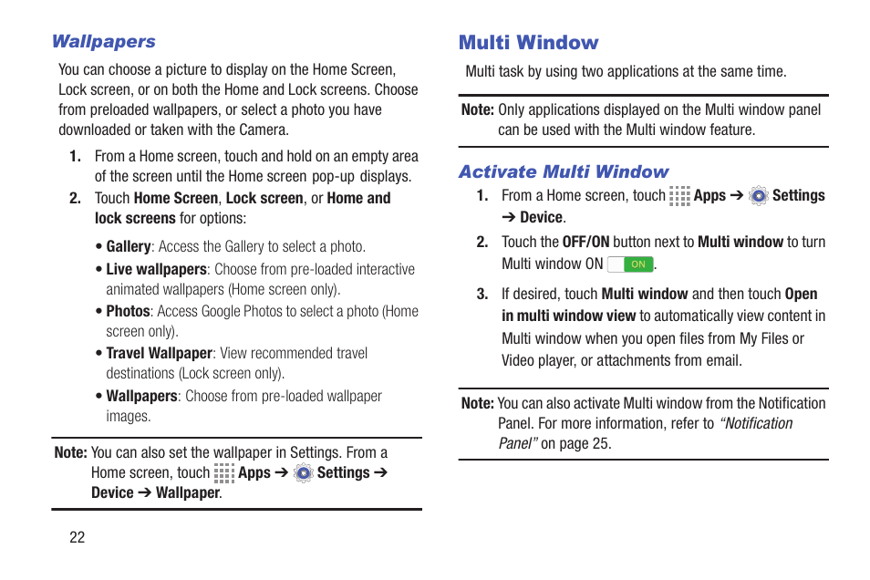 Wallpapers, Multi window, Activate multi window | Samsung SM-T537RYKAUSC User Manual | Page 28 / 126