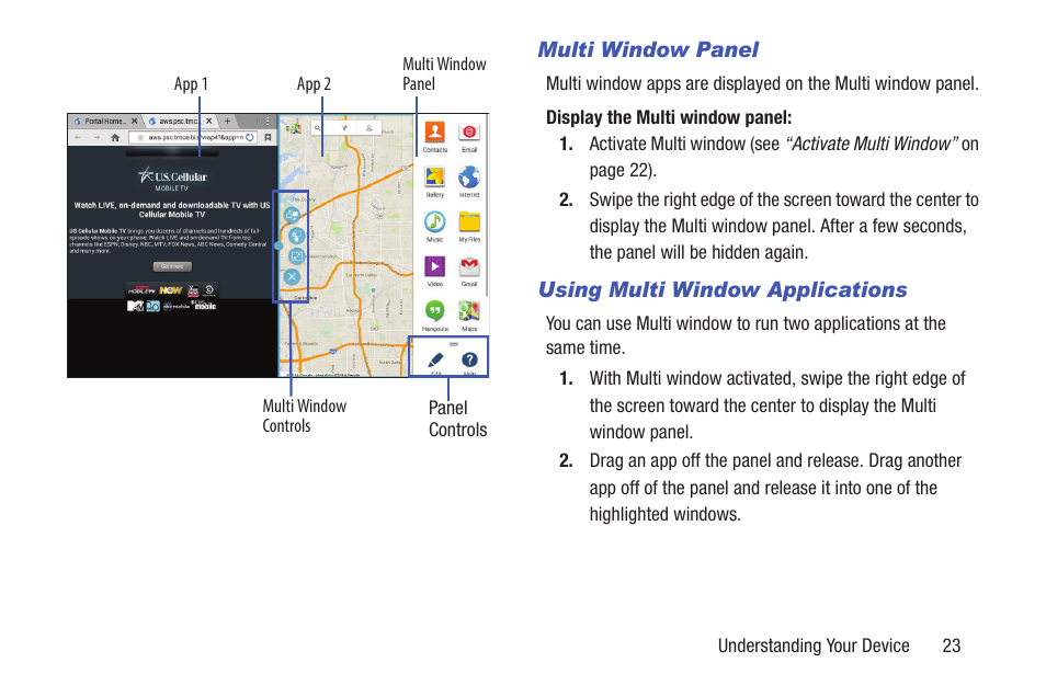 Multi window panel, Using multi window applications | Samsung SM-T537RYKAUSC User Manual | Page 29 / 126
