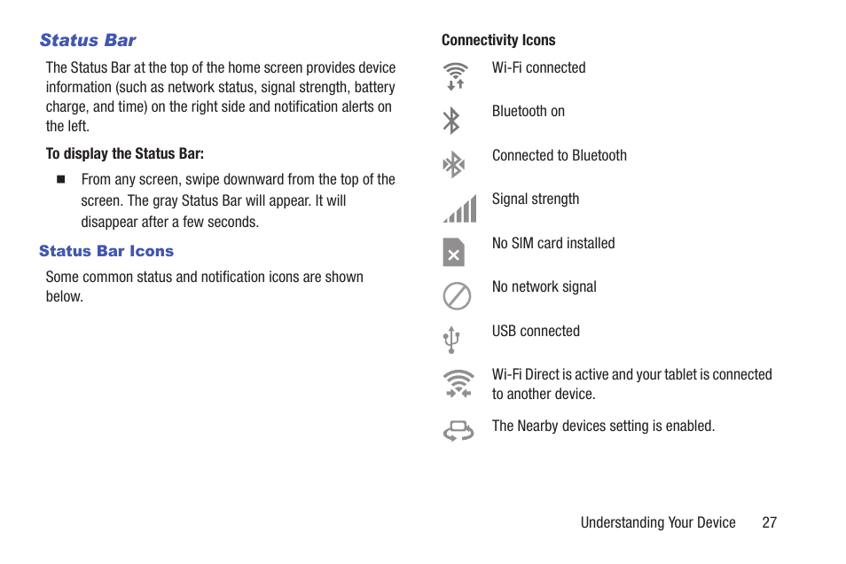 Status bar | Samsung SM-T537RYKAUSC User Manual | Page 33 / 126