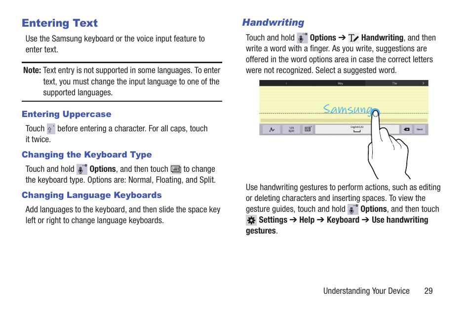 Entering text, Handwriting | Samsung SM-T537RYKAUSC User Manual | Page 35 / 126