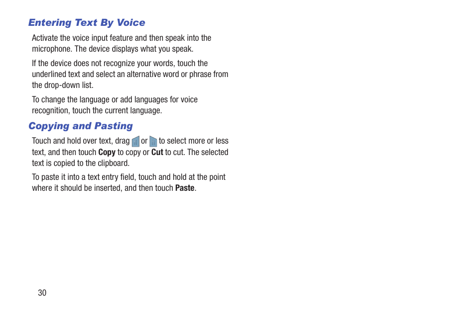Entering text by voice, Copying and pasting | Samsung SM-T537RYKAUSC User Manual | Page 36 / 126
