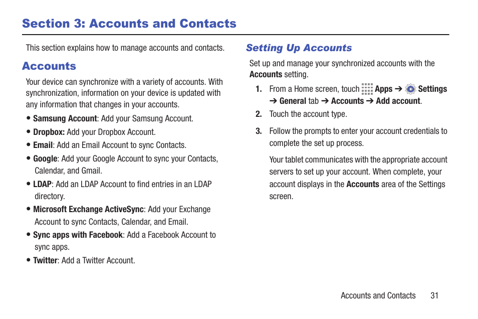 Section 3: accounts and contacts, Accounts, Setting up accounts | Samsung SM-T537RYKAUSC User Manual | Page 37 / 126