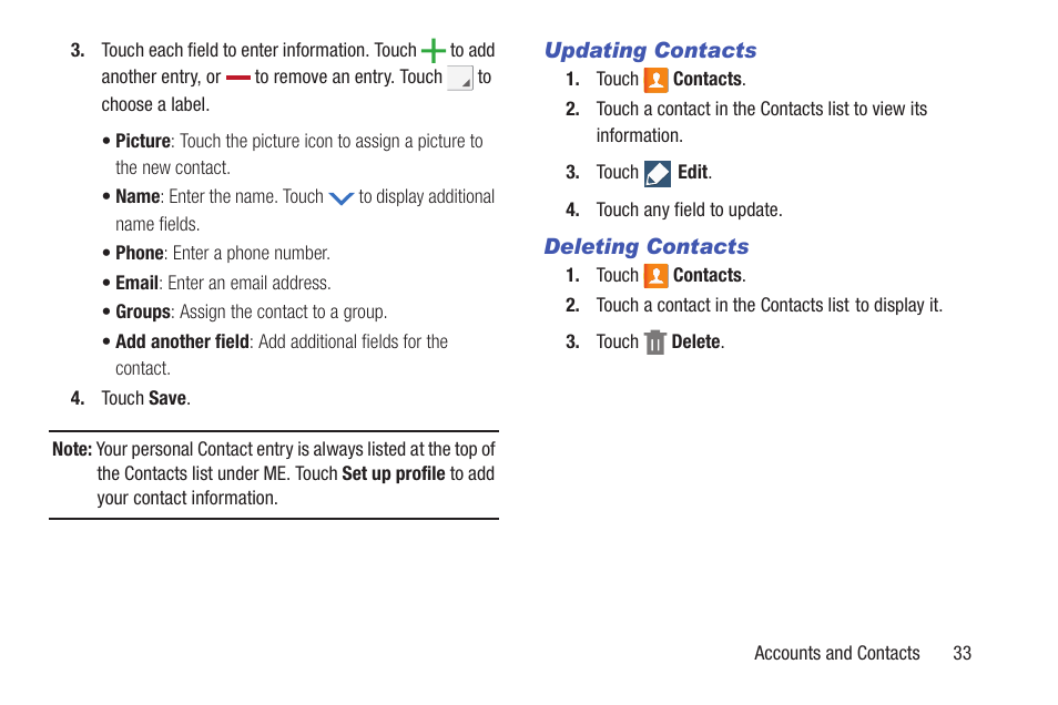 Updating contacts, Deleting contacts | Samsung SM-T537RYKAUSC User Manual | Page 39 / 126